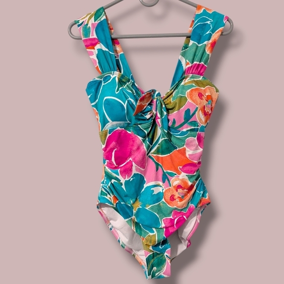 Carmen Marc Valvo Blue Pink Multicolor Floral Sweetheart One Piece Swimsuit 12